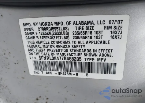2007 Honda Odyssey Ex from USA, damaged, VIN 5FNRL38477B455205
